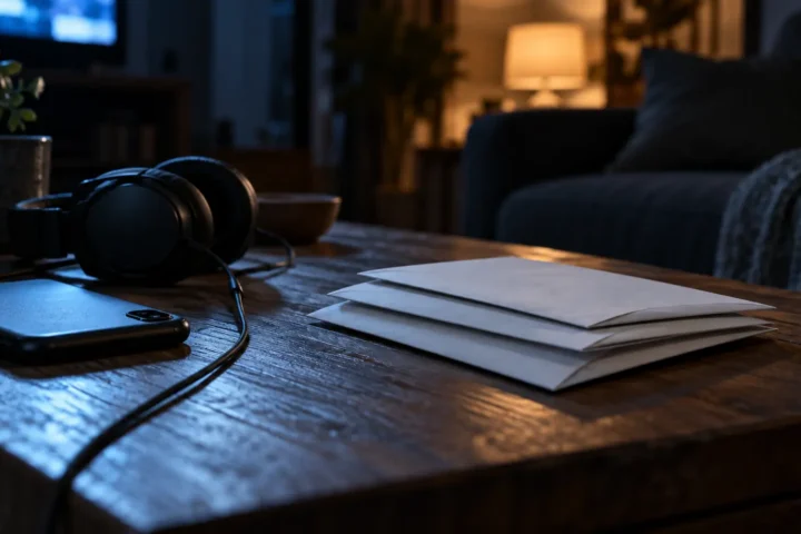 Trois avis empilés près d'un téléphone et d'écouteurs sur une table basse