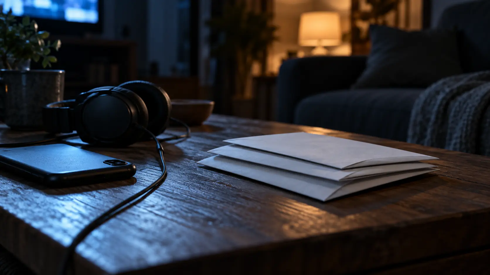 Trois avis empilés près d'un téléphone et d'écouteurs sur une table basse