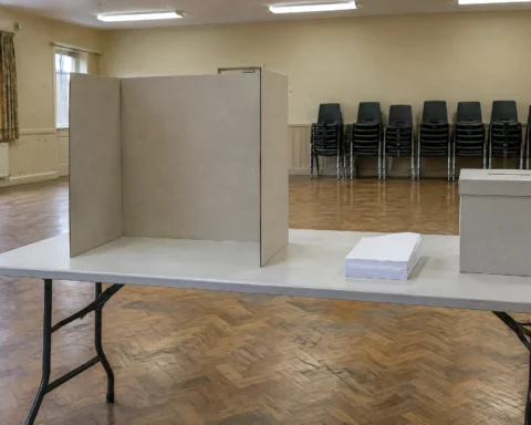 Salle communautaire vide aménagée en bureau de vote, isoloir de carton et urne fermée