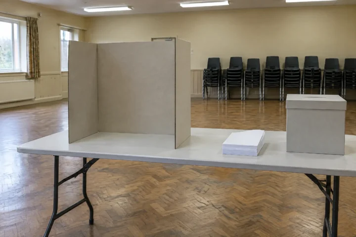 Salle communautaire vide aménagée en bureau de vote, isoloir de carton et urne fermée