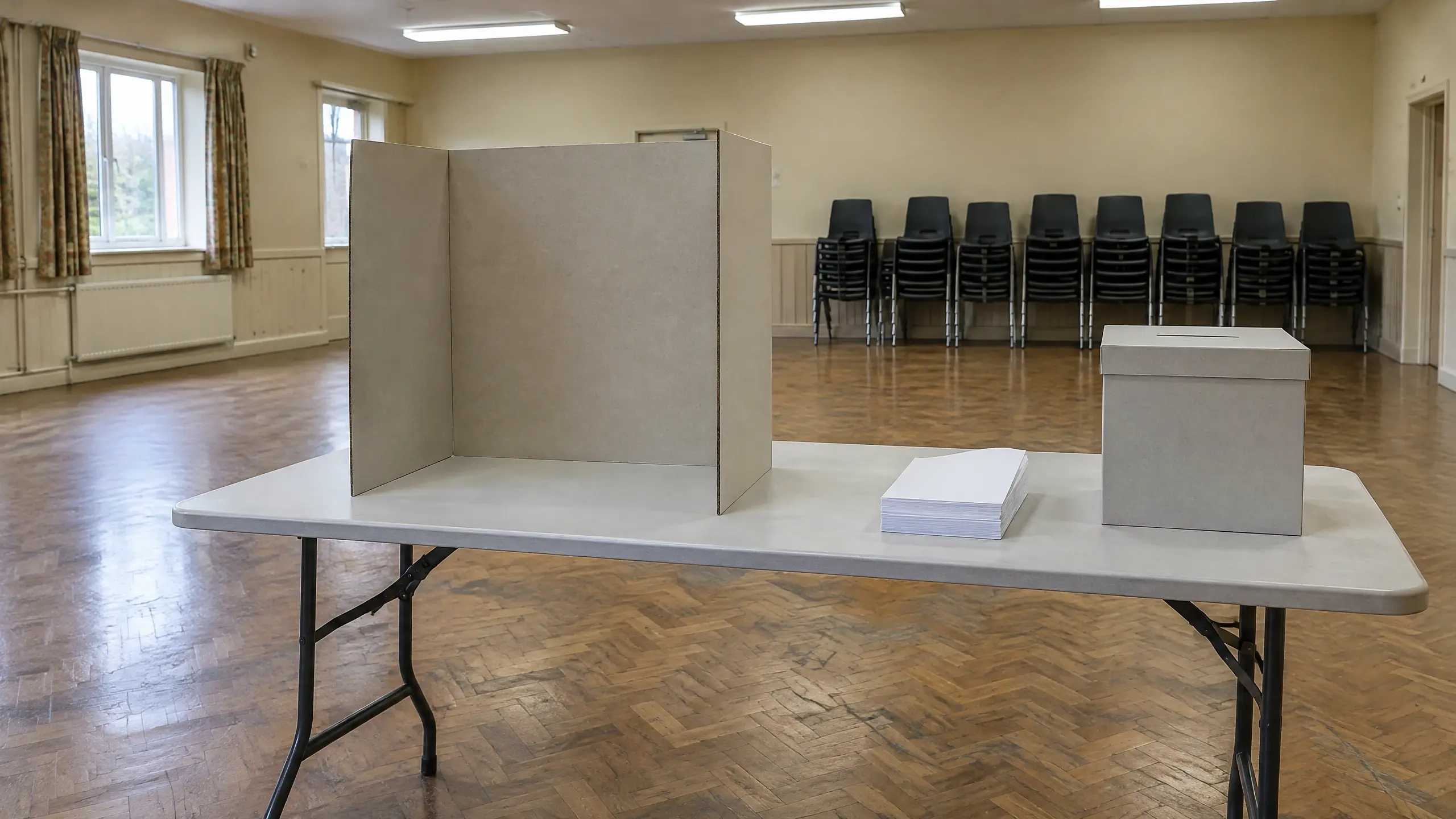 Salle communautaire vide aménagée en bureau de vote, isoloir de carton et urne fermée