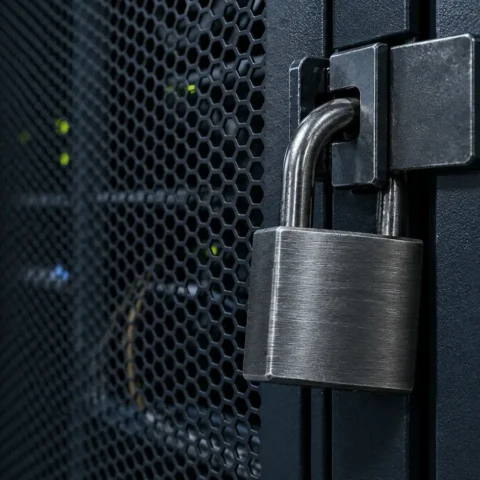 Cadenas fermé sur la porte grillagée d'une armoire de serveurs