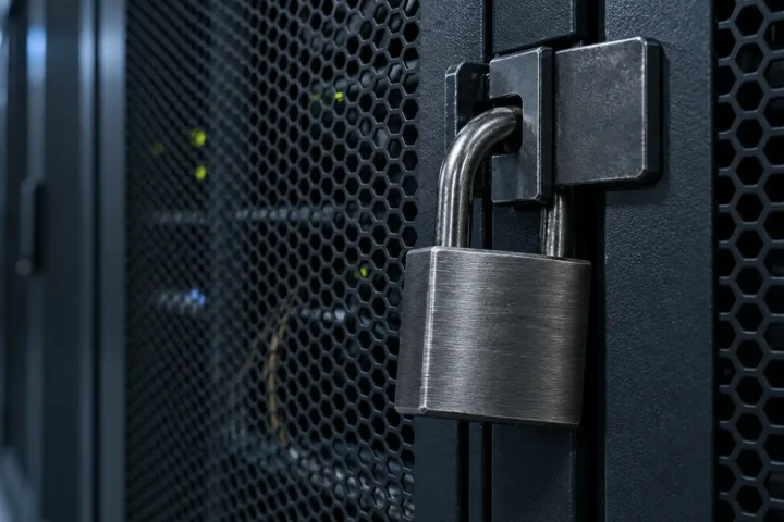 Cadenas fermé sur la porte grillagée d'une armoire de serveurs