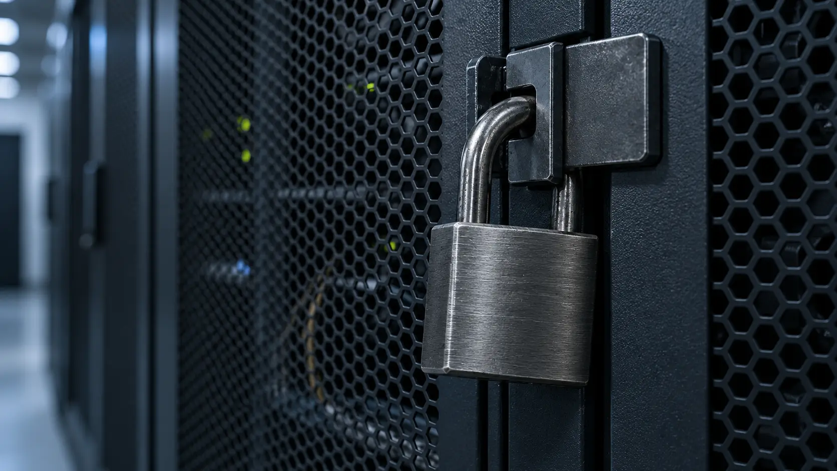 Cadenas fermé sur la porte grillagée d'une armoire de serveurs