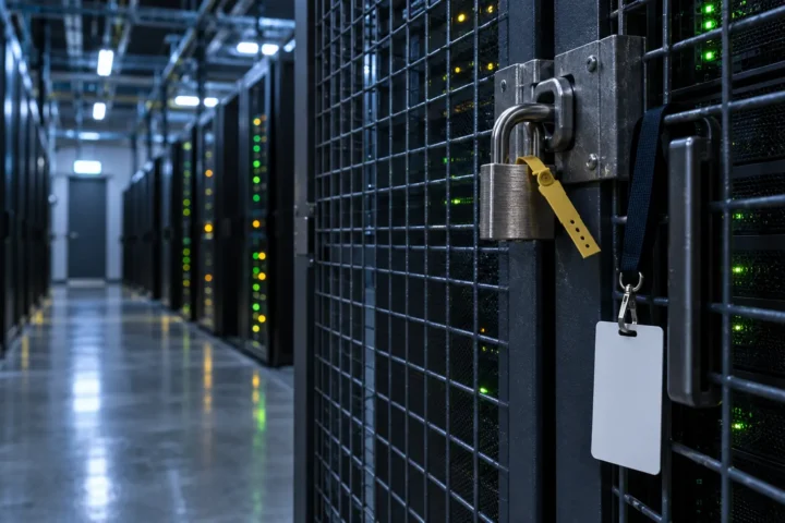 Armoire de serveurs sous cage cadenassée avec un badge d'accès vierge suspendu