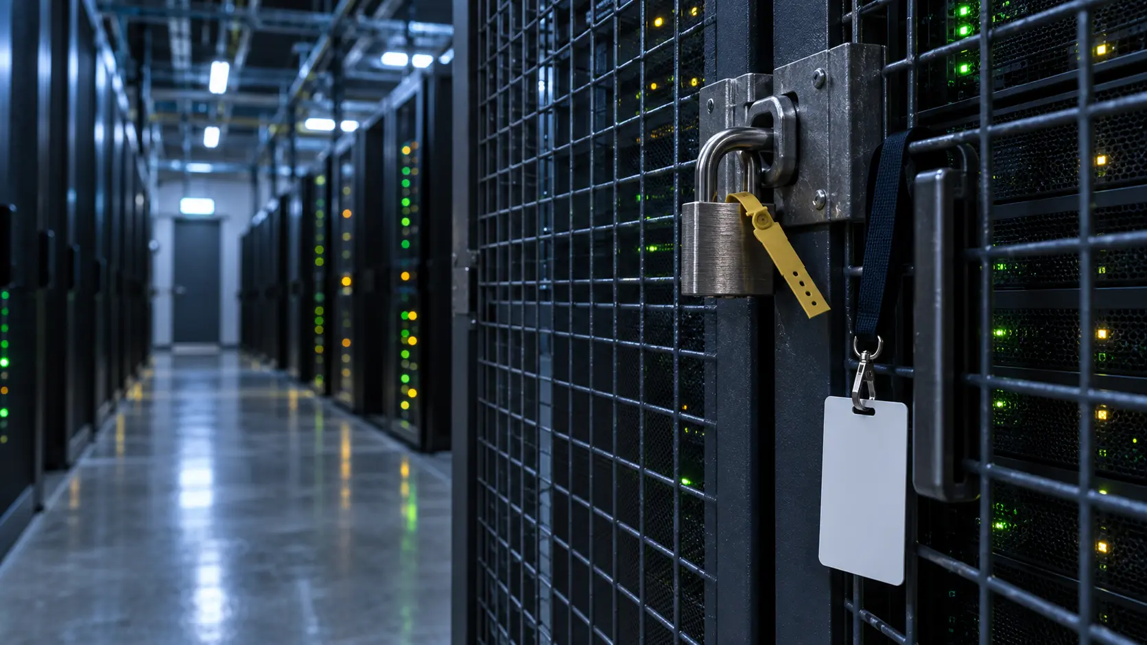 Armoire de serveurs sous cage cadenassée avec un badge d'accès vierge suspendu