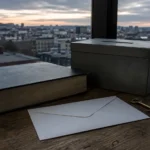 Urne de scrutin fermée posée près d'un recueil de lois ouvert, sur une table de bureau au crépuscule.