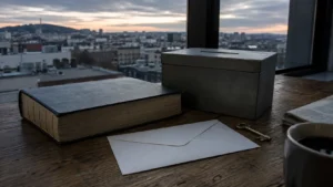 Urne de scrutin fermée posée près d'un recueil de lois ouvert, sur une table de bureau au crépuscule.