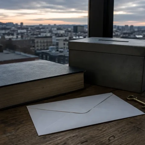 Urne de scrutin fermée posée près d'un recueil de lois ouvert, sur une table de bureau au crépuscule.