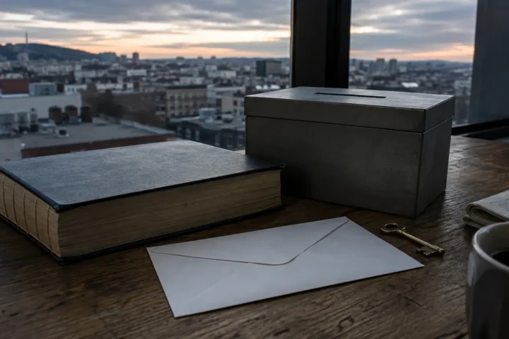 Urne de scrutin fermée posée près d'un recueil de lois ouvert, sur une table de bureau au crépuscule.