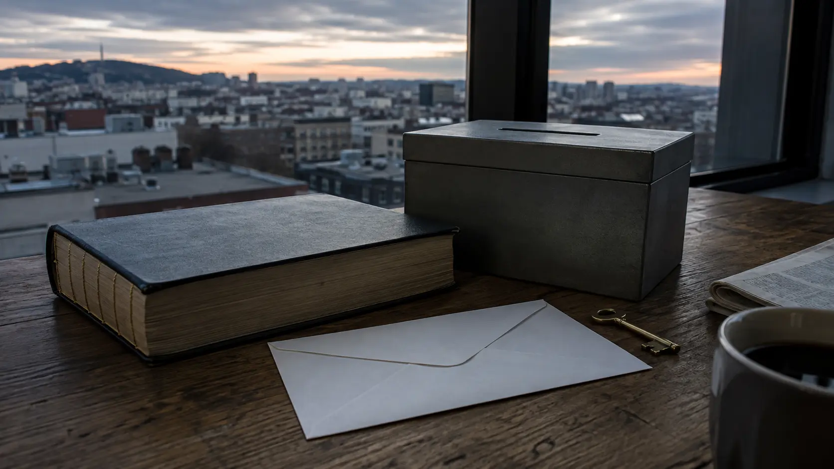 Urne de scrutin fermée posée près d'un recueil de lois ouvert, sur une table de bureau au crépuscule.
