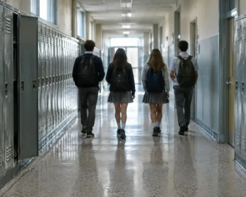 Élèves vus de dos marchant dans un corridor d'école bordé de casiers métalliques