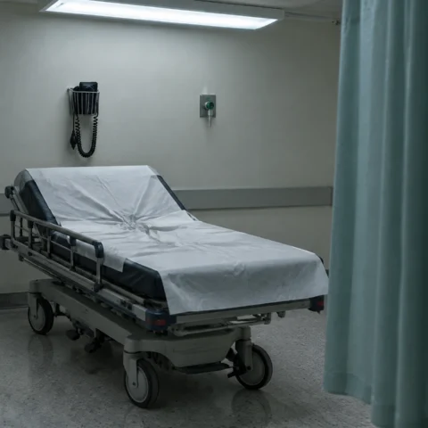 Cubicule d'urgence inoccupé la nuit, avec une civière au drap de papier froissé et un rideau à demi tiré.