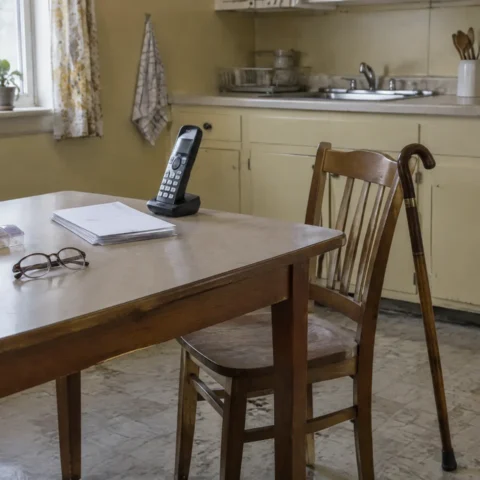 able de cuisine d'un logement modeste avec pilulier, courrier non ouvert, téléphone et canne appuyée sur la chaise