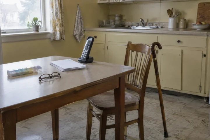 able de cuisine d'un logement modeste avec pilulier, courrier non ouvert, téléphone et canne appuyée sur la chaise