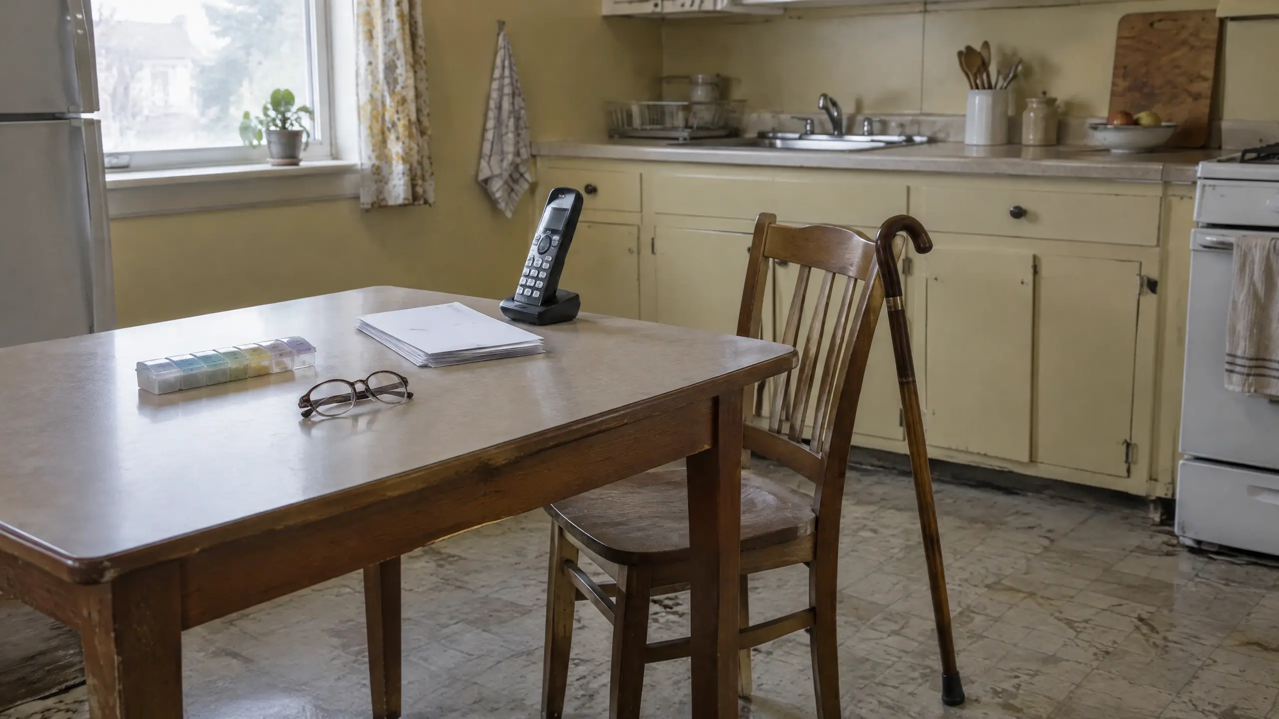 able de cuisine d'un logement modeste avec pilulier, courrier non ouvert, téléphone et canne appuyée sur la chaise