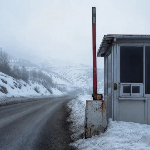 Poste frontalier de montagne, barrière levée, guérite vide, route déneigée sous la neige