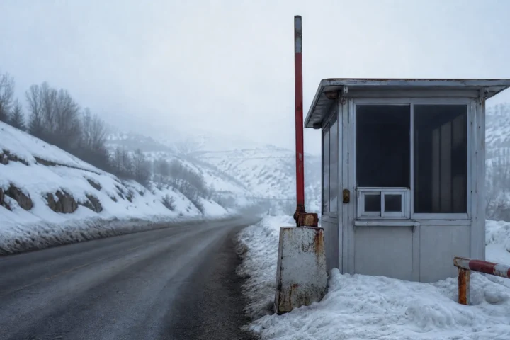 Poste frontalier de montagne, barrière levée, guérite vide, route déneigée sous la neige