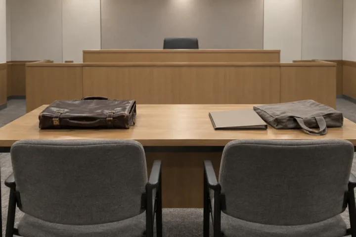 Salle d'audience administrative vide, deux chaises de représentants côte à côte