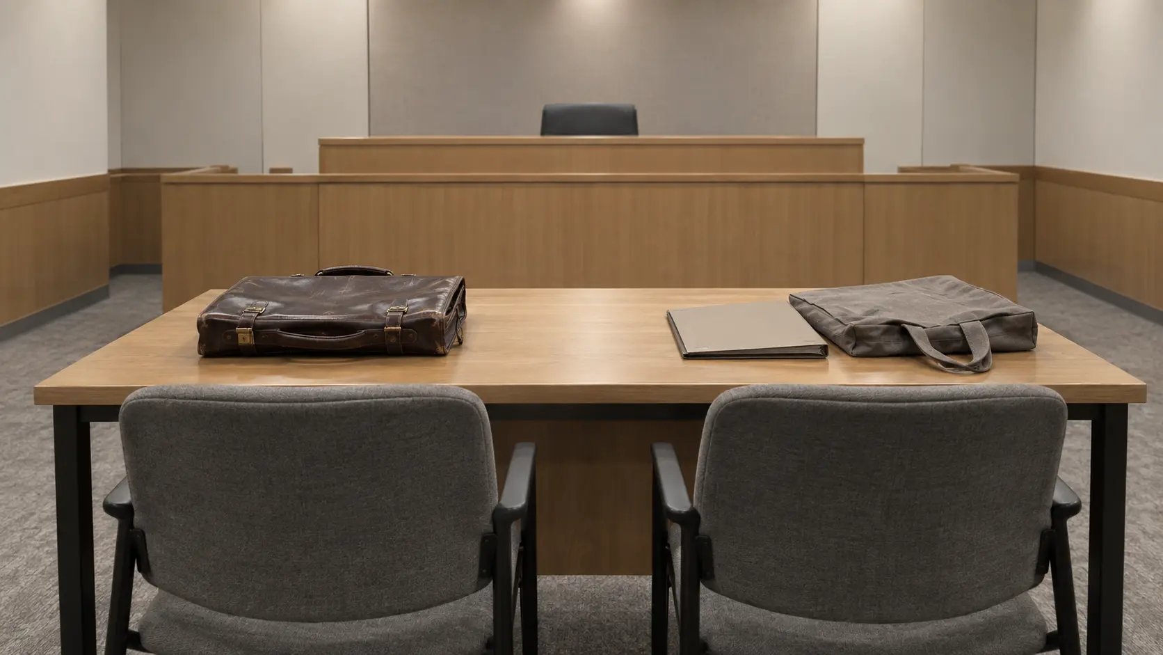 Salle d'audience administrative vide, deux chaises de représentants côte à côte