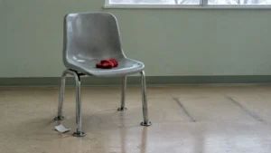 Chaise de salle d'attente administrative vide, boulonnée au sol, avec une petite mitaine d'enfant pliée sur le siège et un billet de file par terre.
