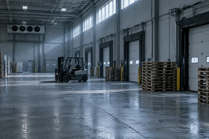 Entrepôt de distribution alimentaire désert, palettes vides devant des portes de quai closes