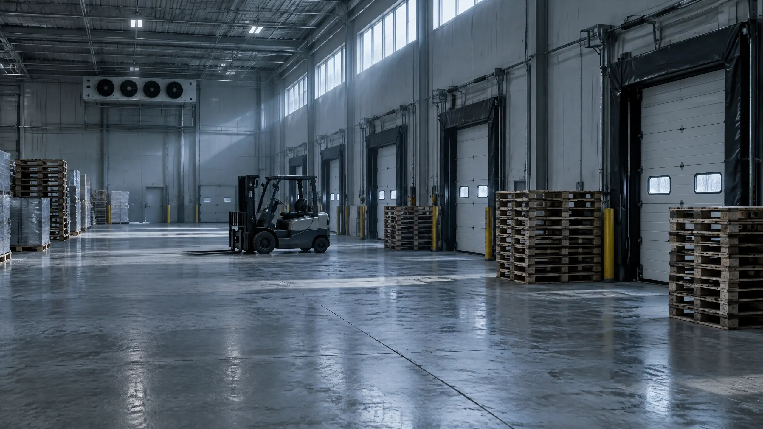 Entrepôt de distribution alimentaire désert, palettes vides devant des portes de quai closes