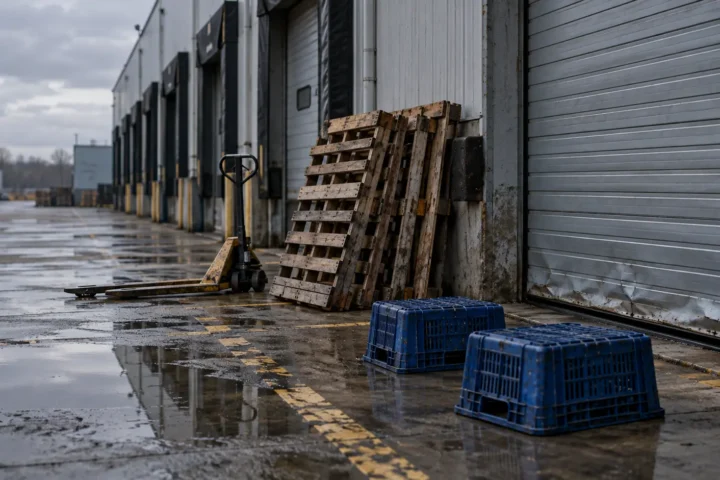Quai de chargement d'entrepôt désert à l'aube, palettes vides devant une porte fermée