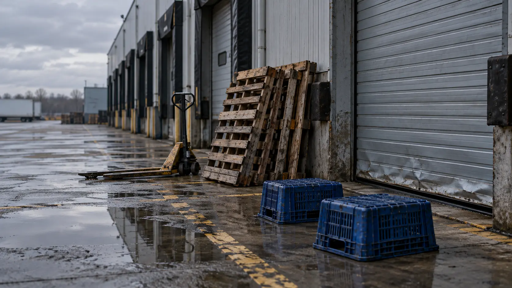 Quai de chargement d'entrepôt désert à l'aube, palettes vides devant une porte fermée