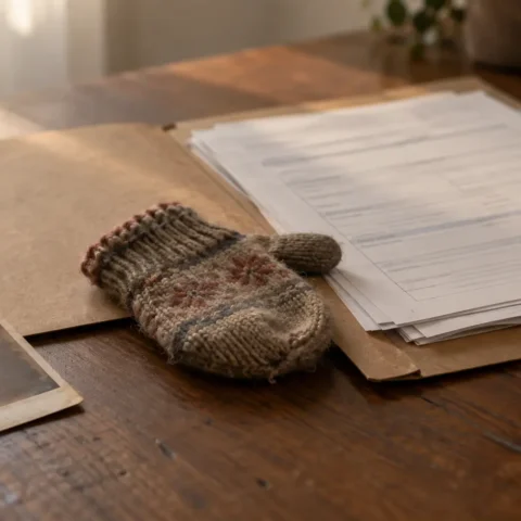 Dossier de formulaires, photo retournée et mitaine d'enfant sur une table en bois