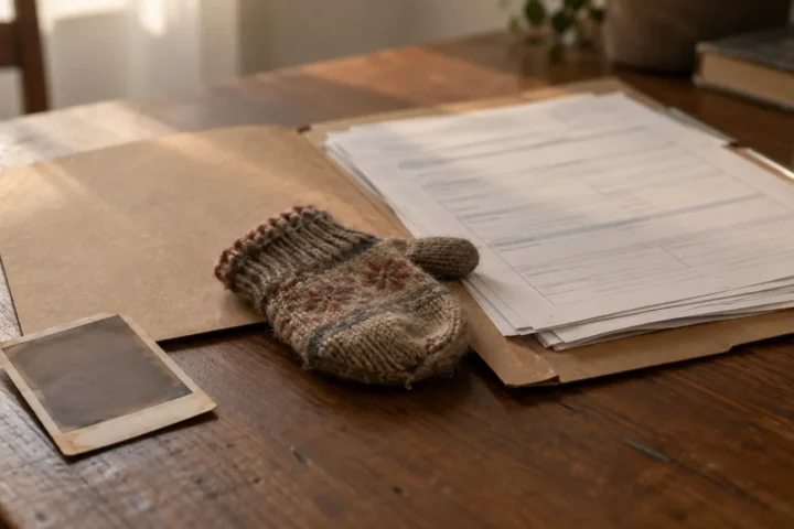 Dossier de formulaires, photo retournée et mitaine d'enfant sur une table en bois