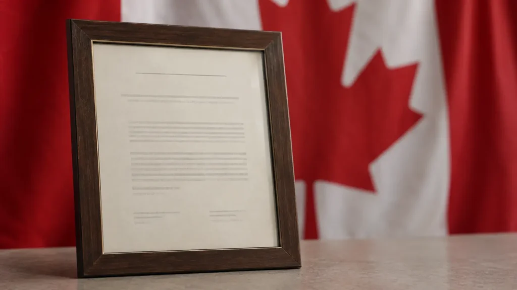 Certificat de citoyenneté canadienne encadré, posé devant un drapeau canadien flou en arrière-plan.