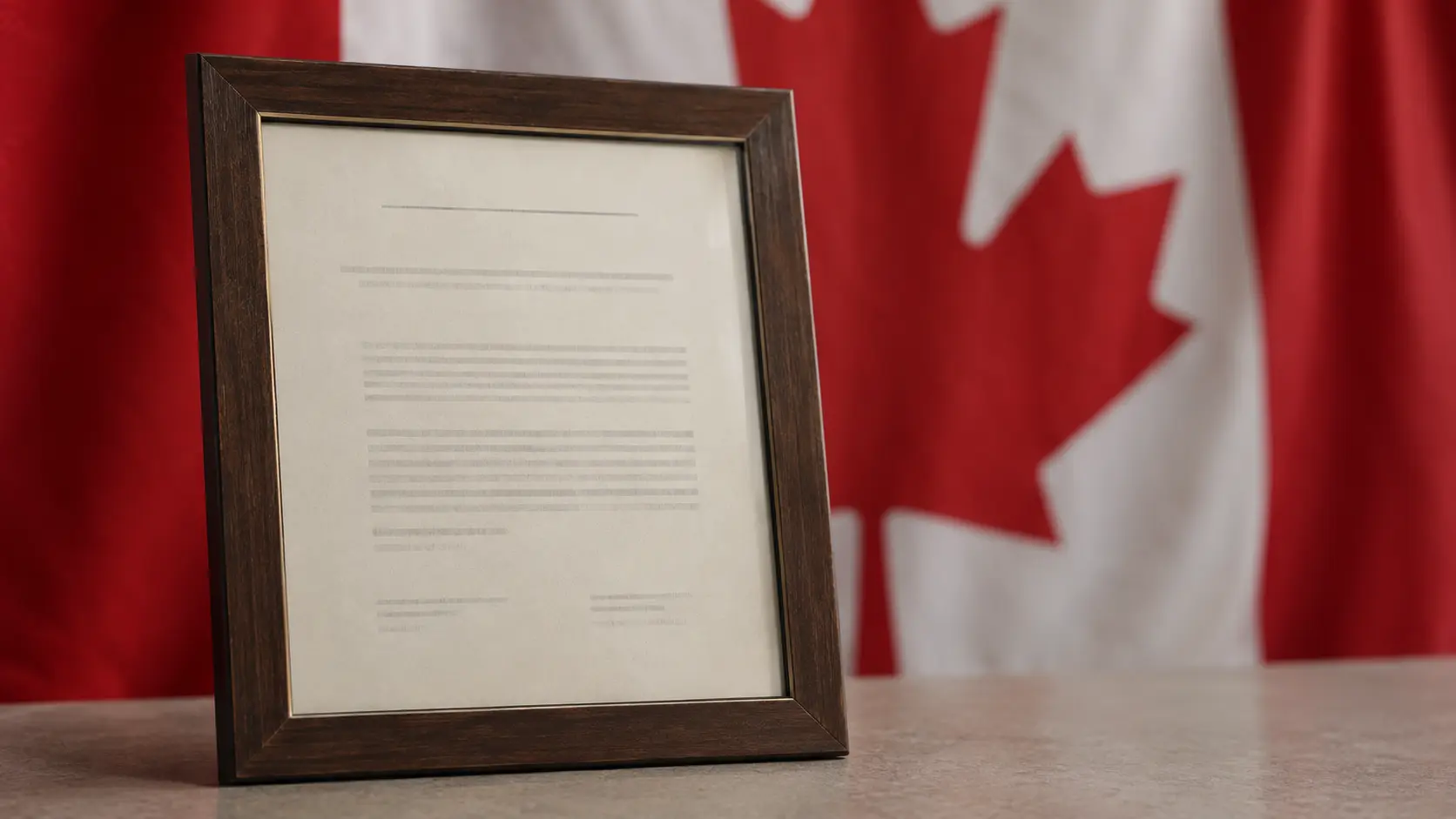 Certificat de citoyenneté canadienne encadré, posé devant un drapeau canadien flou en arrière-plan.