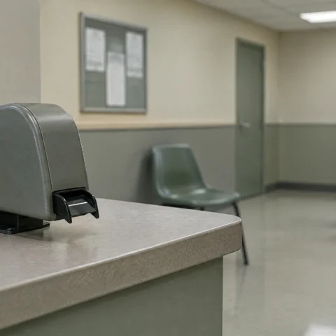 Guichet administratif désert avec distributeur de numéros et chaise vide