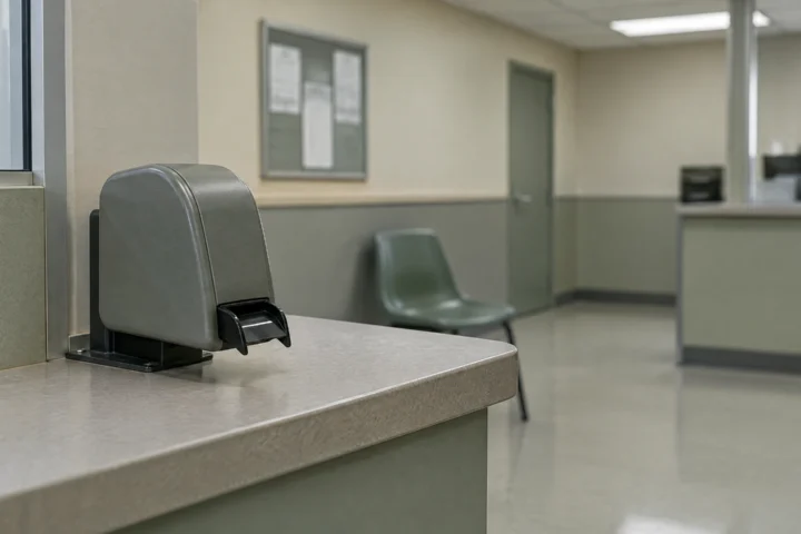 Guichet administratif désert avec distributeur de numéros et chaise vide