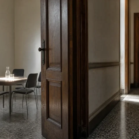 Couloir désert, deux portes de salles de médiation, l'une entrouverte sur une table vide