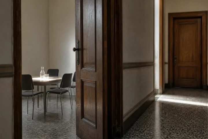 Couloir désert, deux portes de salles de médiation, l'une entrouverte sur une table vide