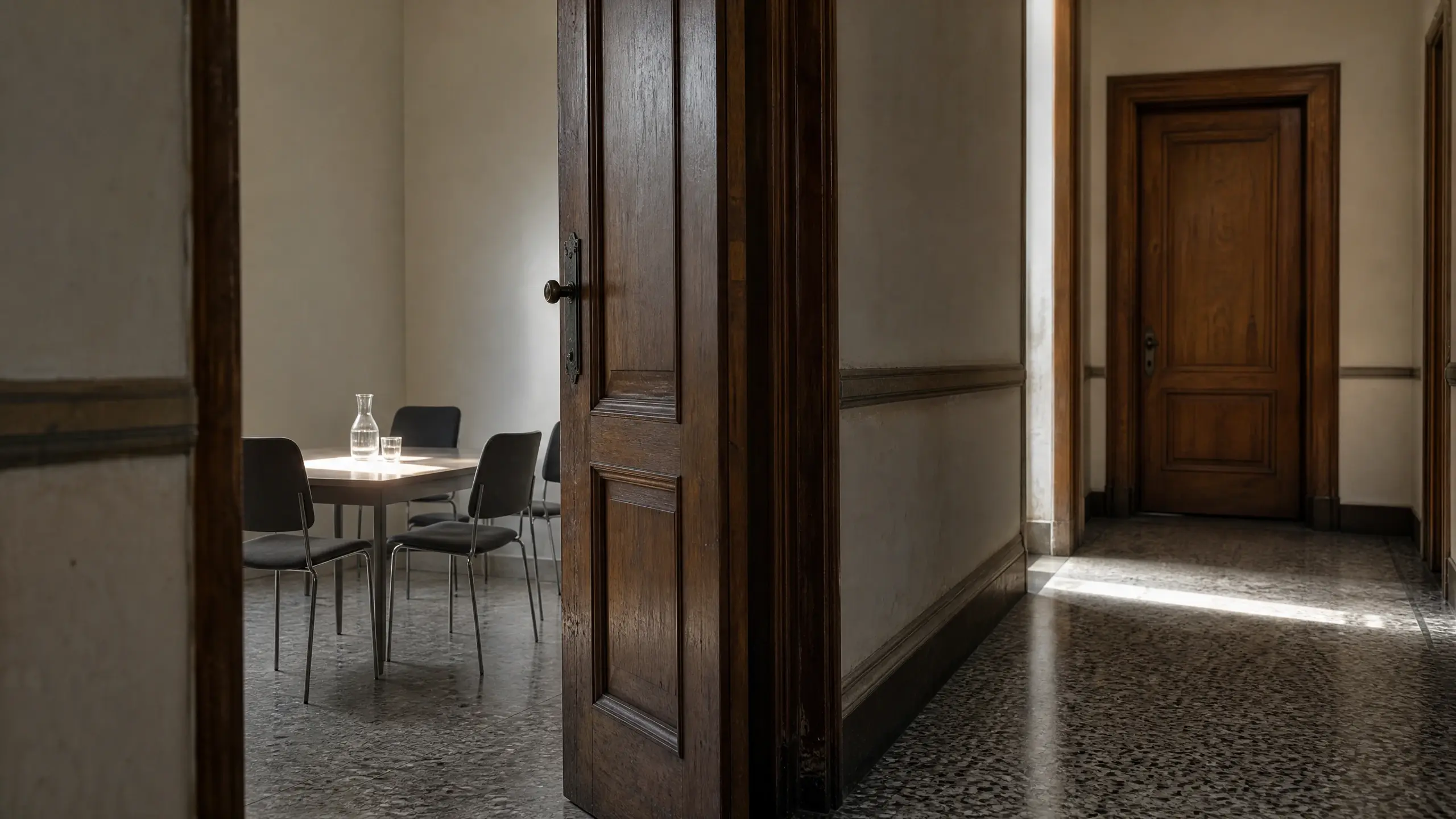 Couloir désert, deux portes de salles de médiation, l'une entrouverte sur une table vide
