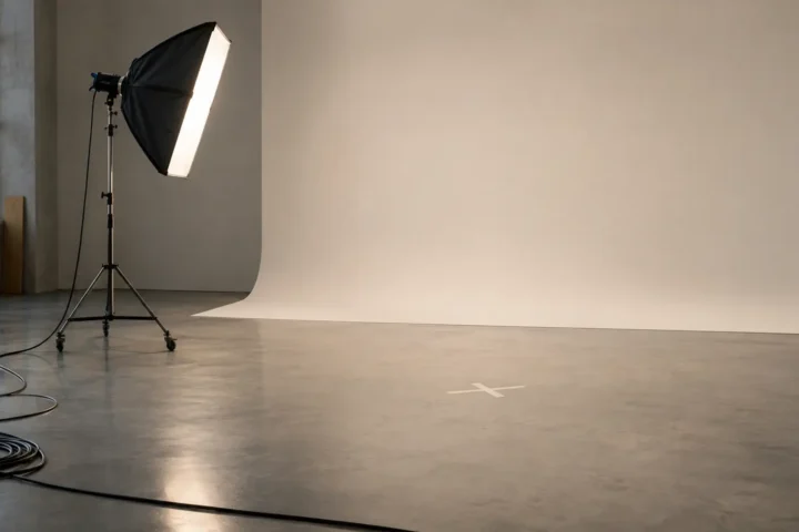 Plateau de tournage publicitaire vide, repère au sol et projecteur allumé sans comédien