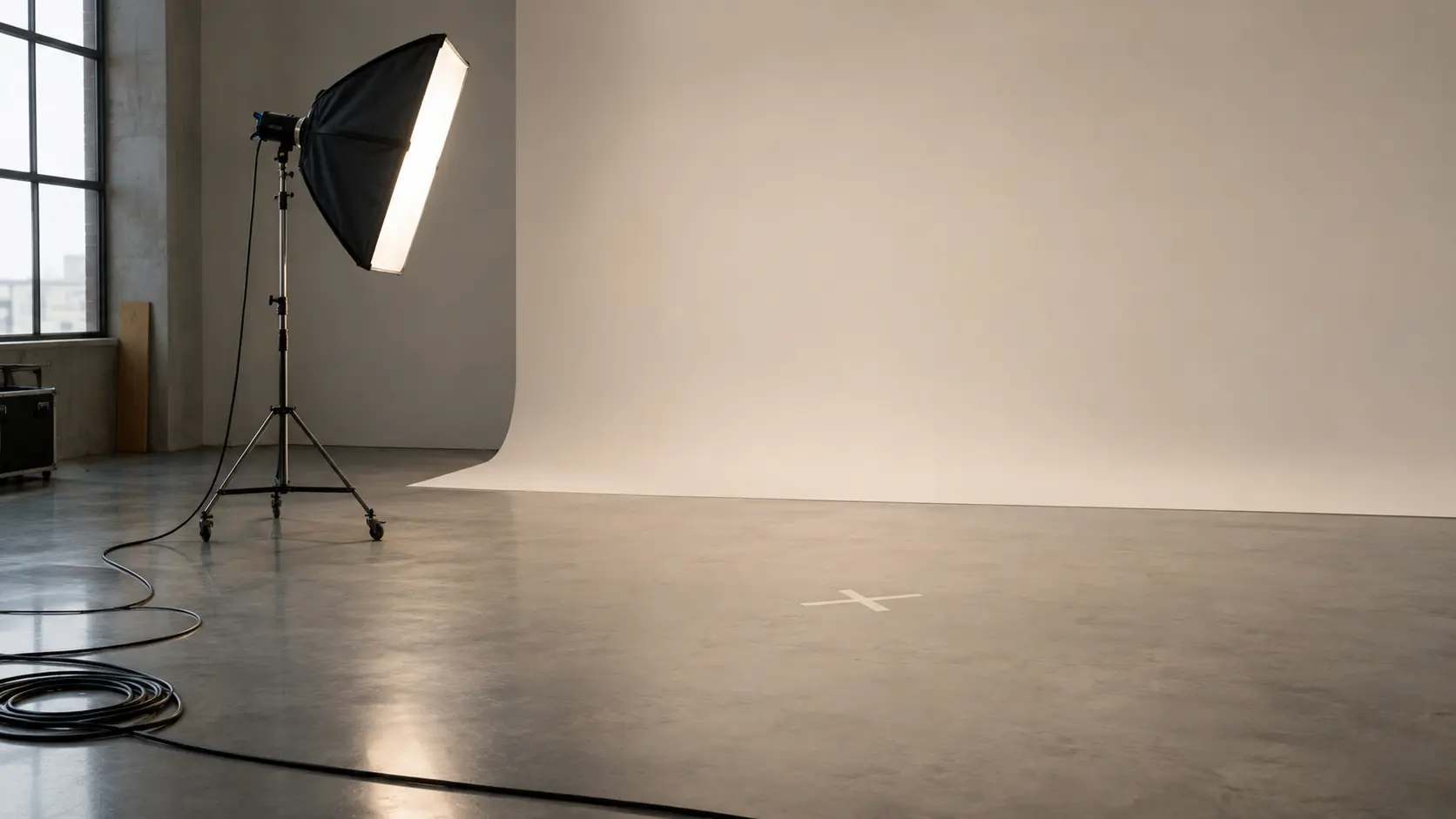 Plateau de tournage publicitaire vide, repère au sol et projecteur allumé sans comédien