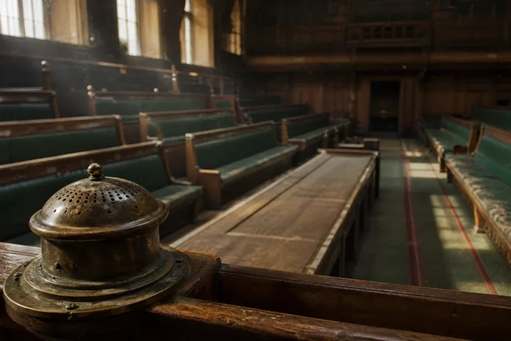 Chambre législative vide vue de la tribune, cloche d'appel au vote éteinte