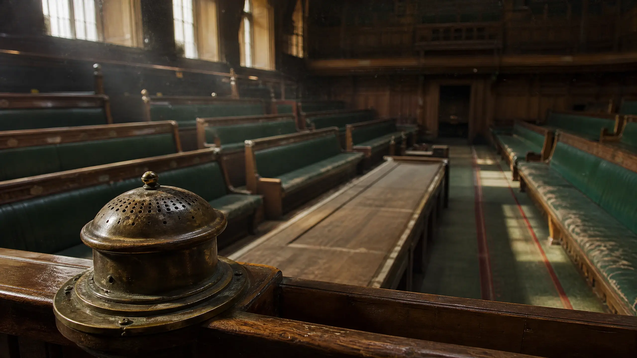 Chambre législative vide vue de la tribune, cloche d'appel au vote éteinte