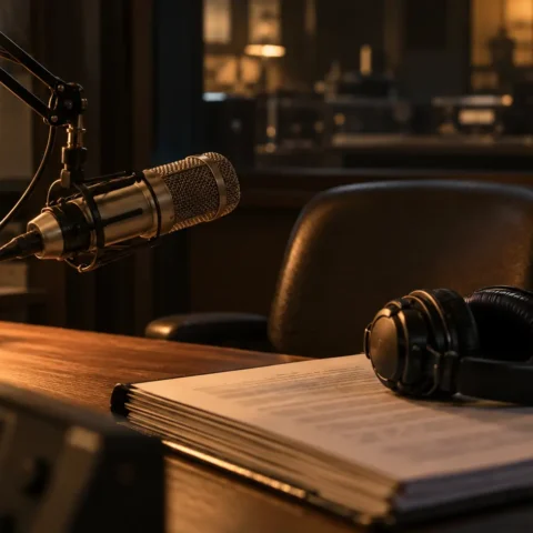 Micro de studio radio et casque posés sur une transcription reliée, dans la pénombre