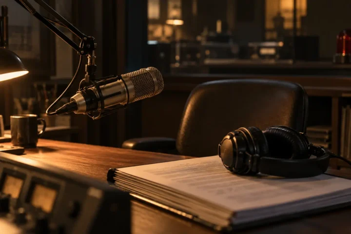 Micro de studio radio et casque posés sur une transcription reliée, dans la pénombre