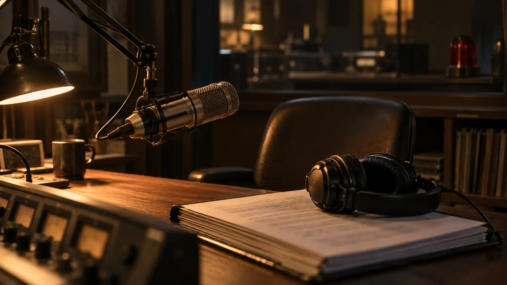 Micro de studio radio et casque posés sur une transcription reliée, dans la pénombre