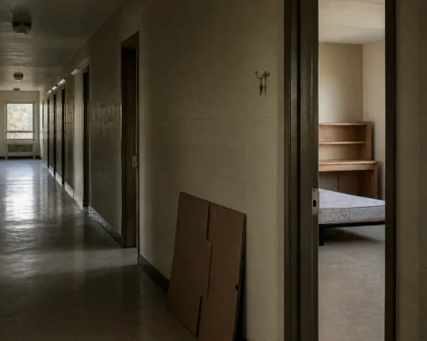 Couloir vide d'une résidence universitaire, une chambre ouverte et dégarnie