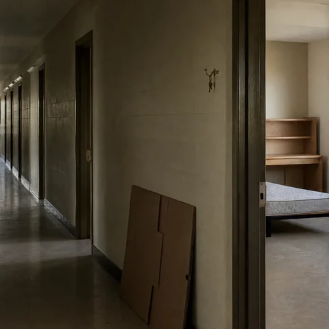 Couloir vide d'une résidence universitaire, une chambre ouverte et dégarnie