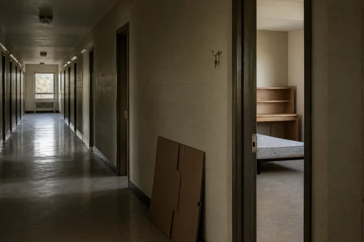 Couloir vide d'une résidence universitaire, une chambre ouverte et dégarnie