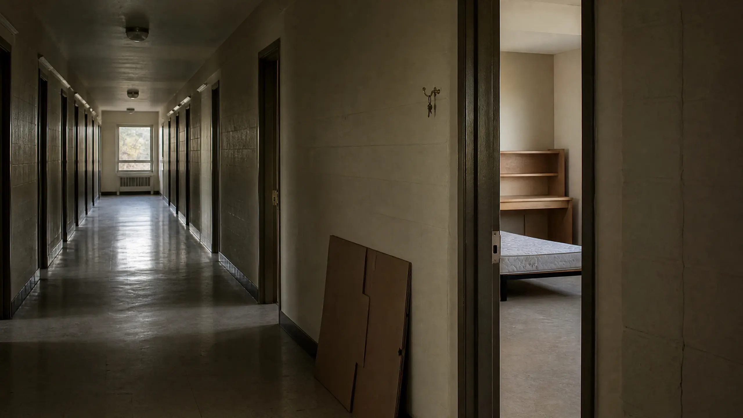 Couloir vide d'une résidence universitaire, une chambre ouverte et dégarnie