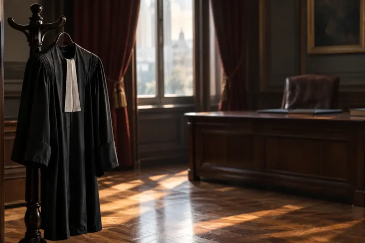 Toge de magistrat suspendue à un portemanteau de bois dans un bureau désert